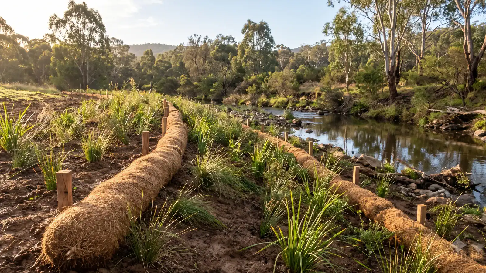 Coir logs staked along a creek embankment for erosion control