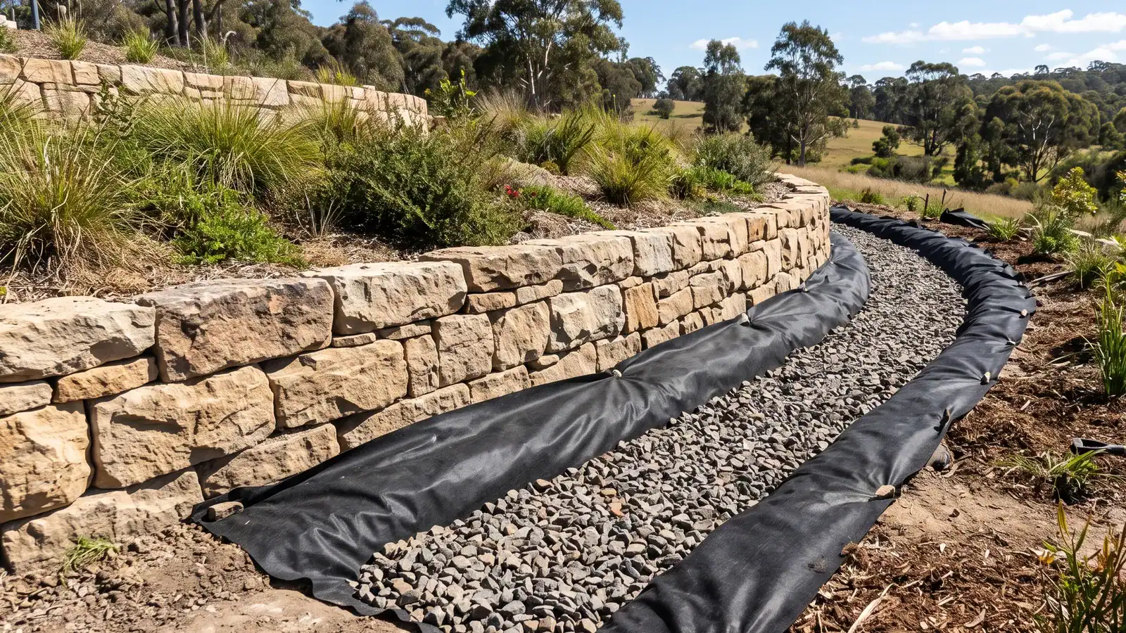 Geotextile drainage fabric lining a gravel channel behind a retaining wall