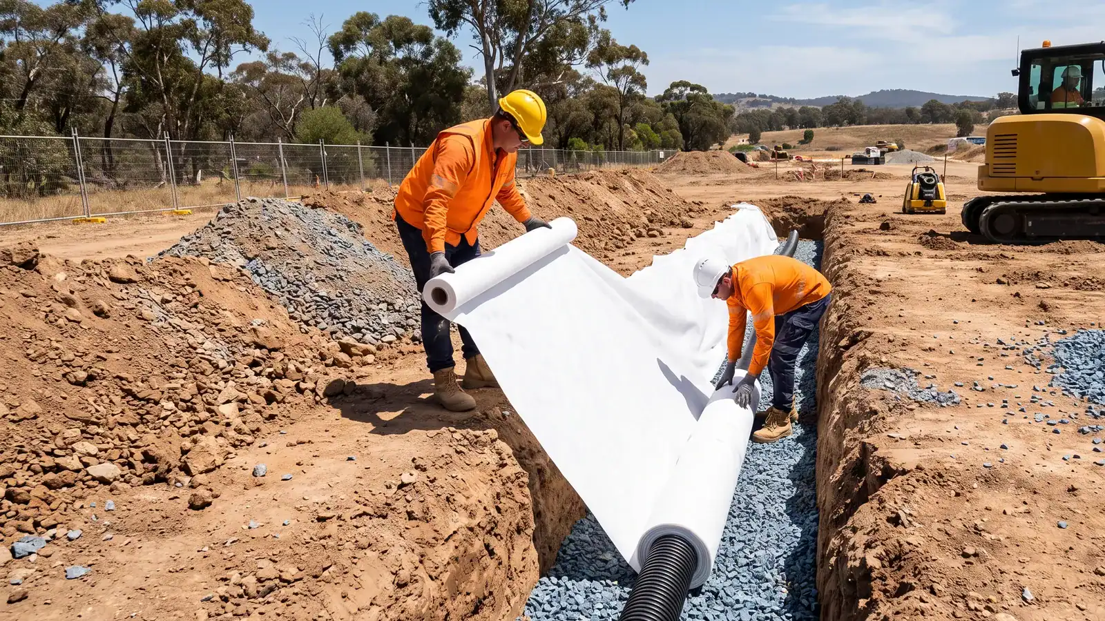 White geotextile filter fabric being laid in a gravel drainage trench
