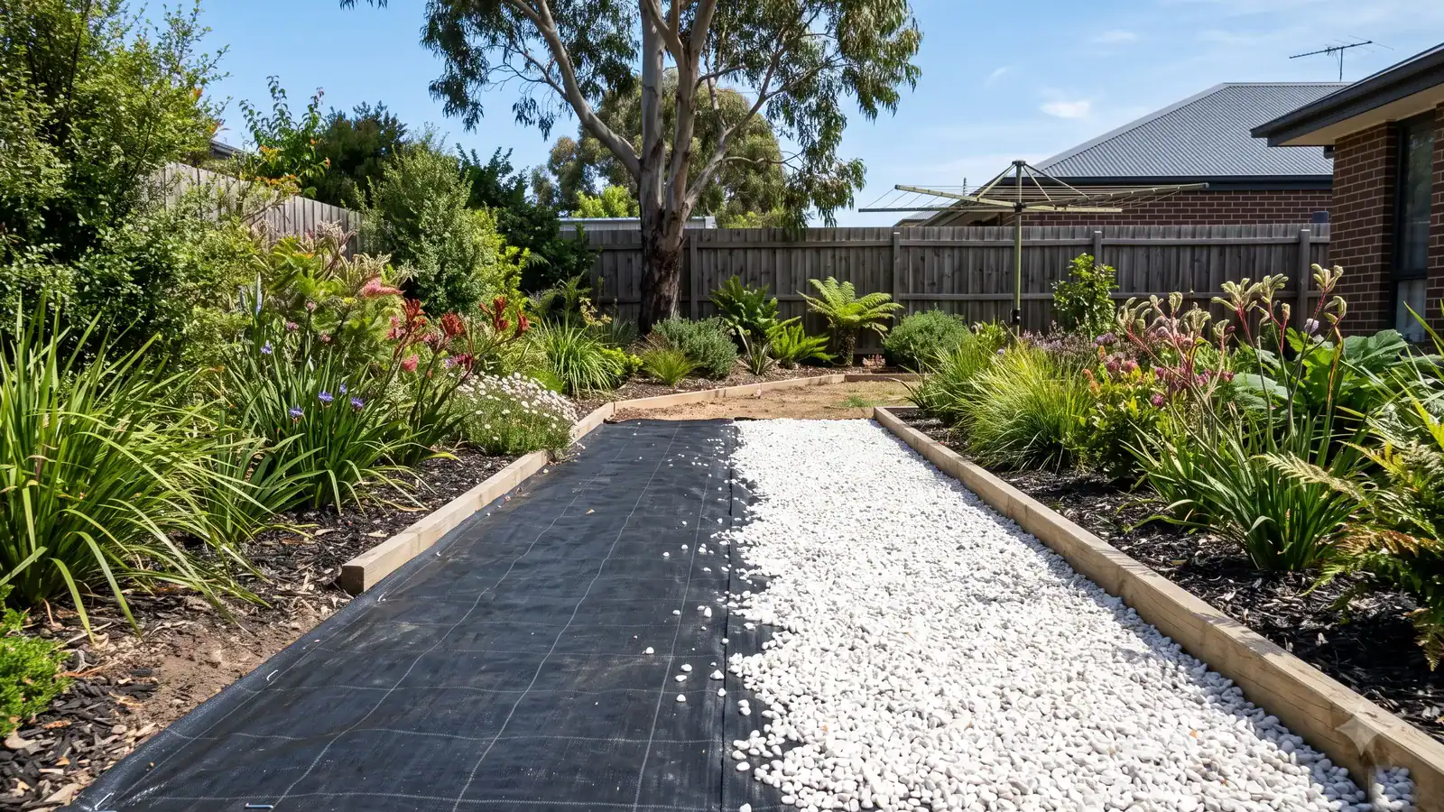 Black woven weed mat half covered with white gravel on a garden path