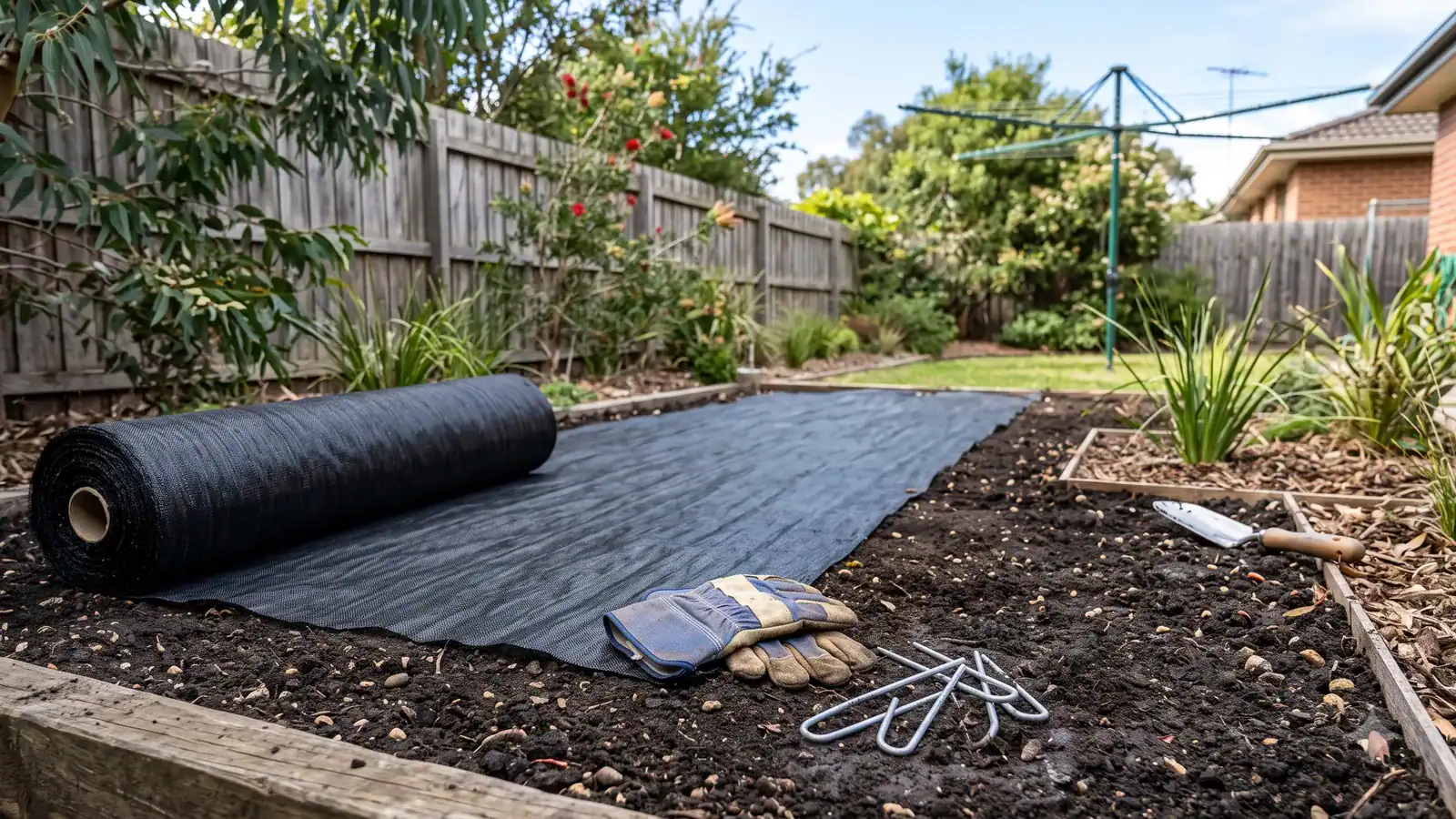 Roll of black woven weed mesh partially unrolled across a garden bed