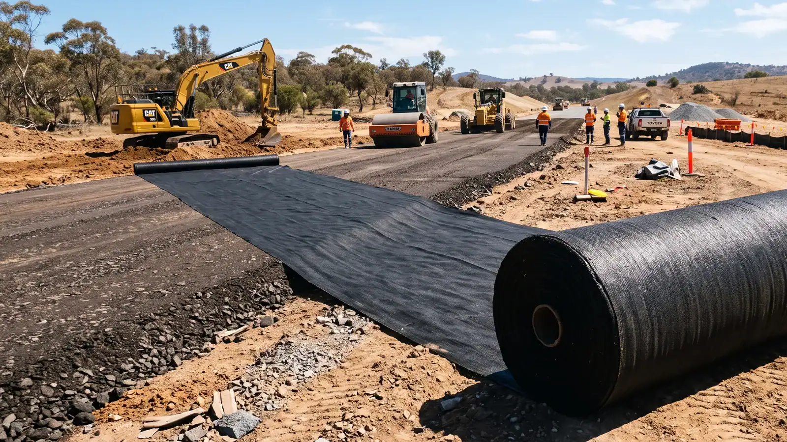Large roll of woven black geotextile fabric on a road construction site