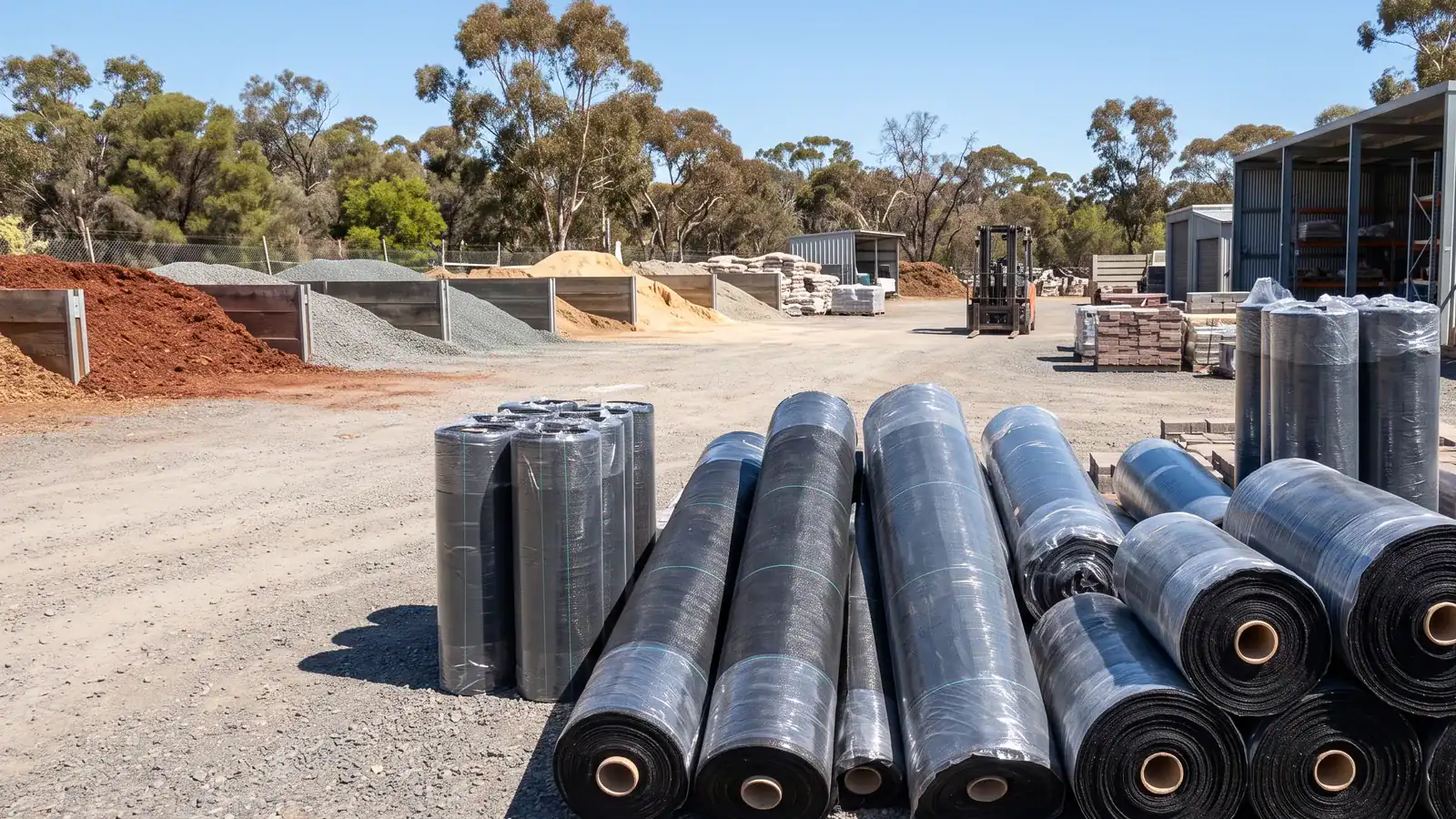 Rolls of black woven weed mat in various widths at a landscaping supply yard