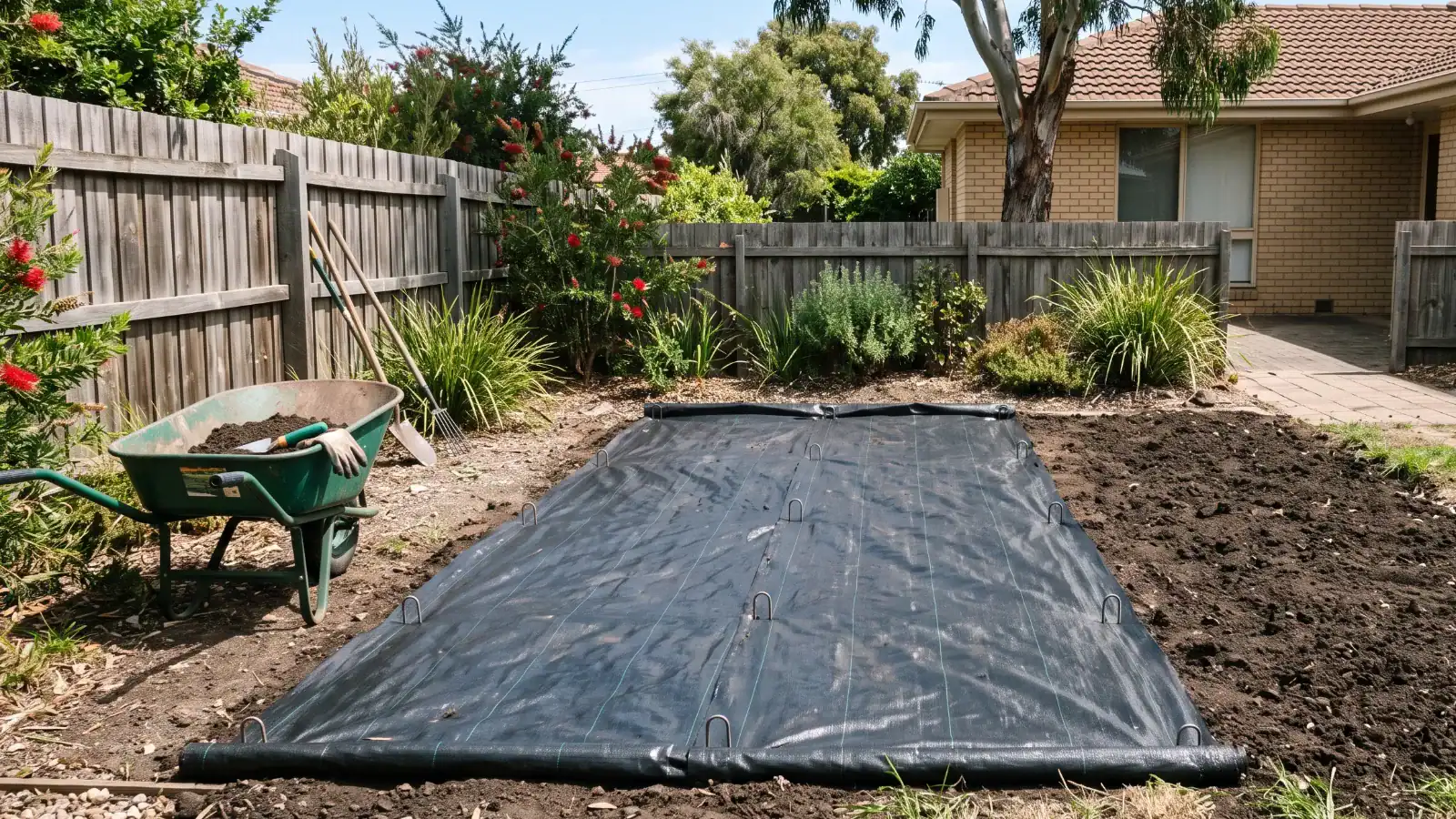 Woven weed barrier fabric pinned over a prepared garden bed in an Australian backyard