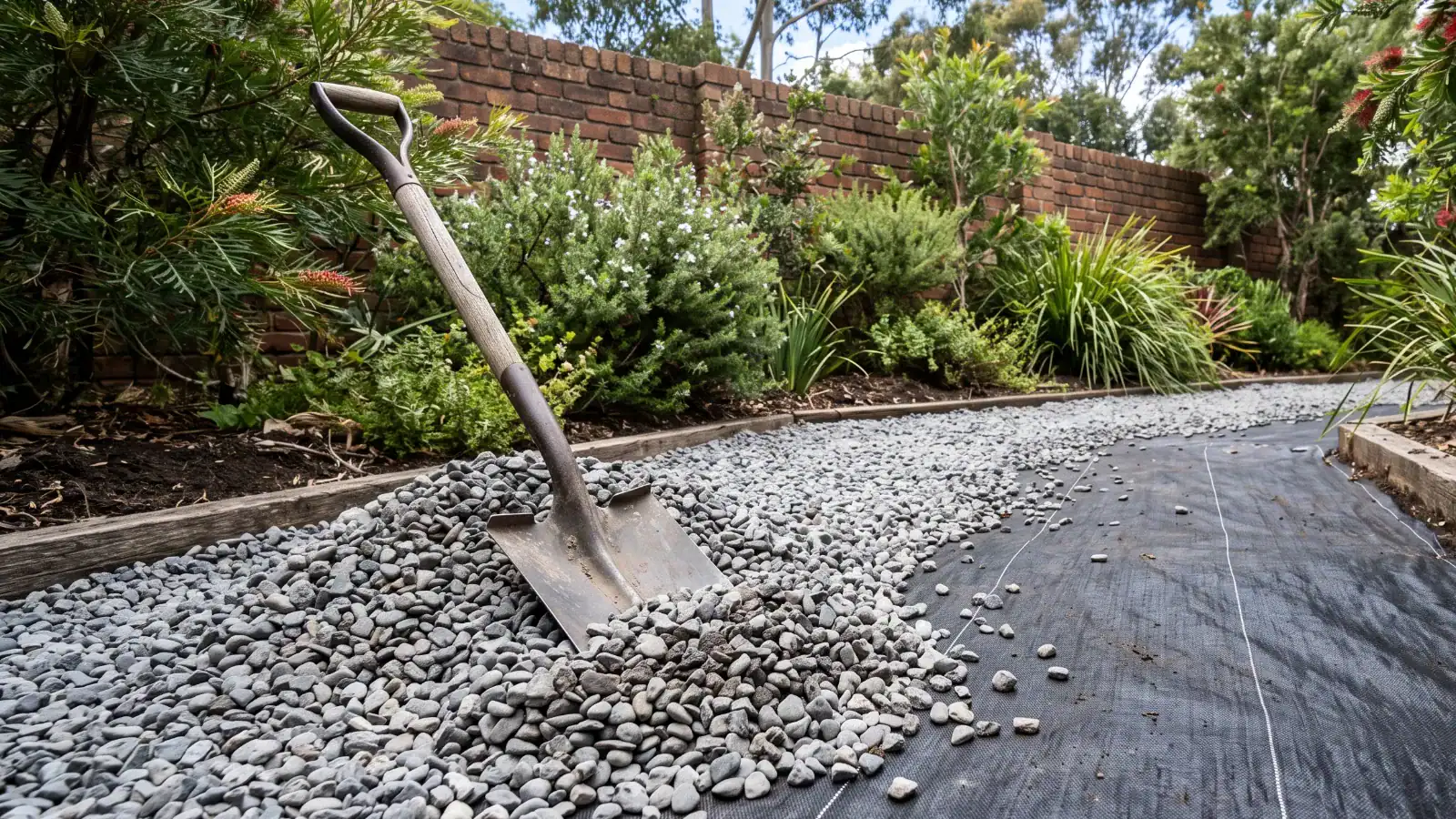 Weed mat laid over soil and being covered with decorative pebbles in an Australian garden