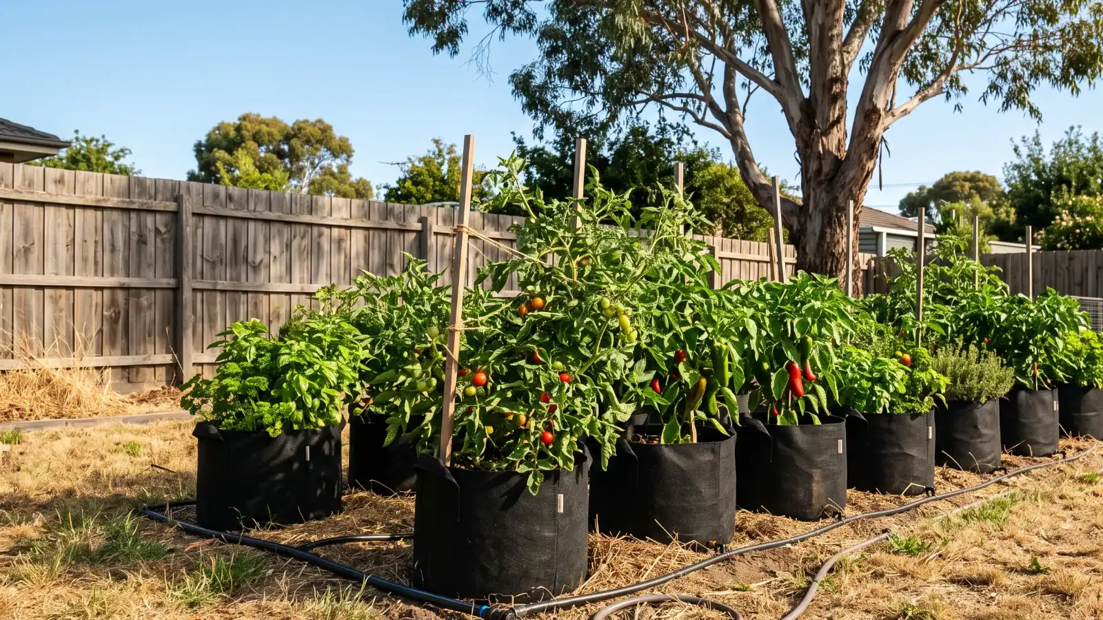 Row of black fabric grow bags planted with tomatoes and capsicum in an Australian backyard garden